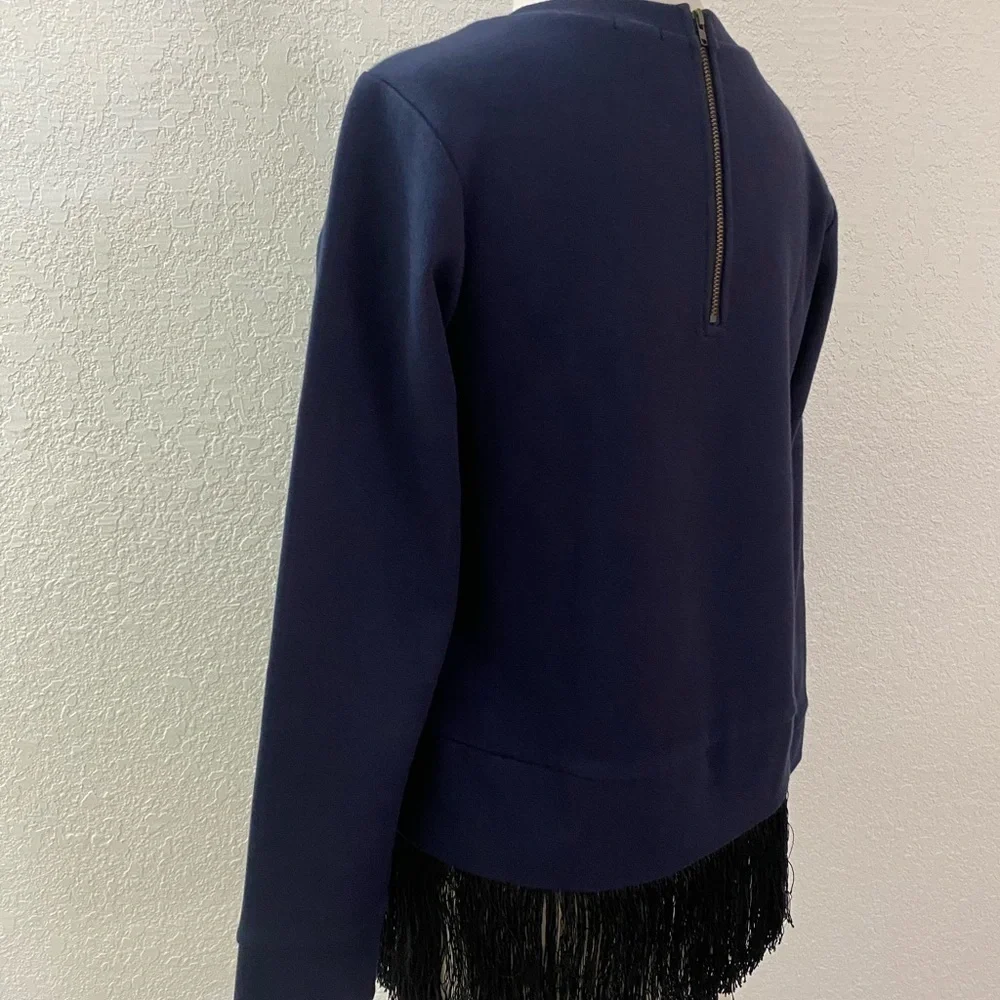 J Crew Navy‎ Blue Sweatshirt Women’s  Crew Neck With Fringes Details Size XS